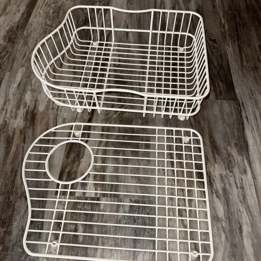 Curved Bottom basin Grid rack Kitchen Sink Set White Coated Metal Read Sizing